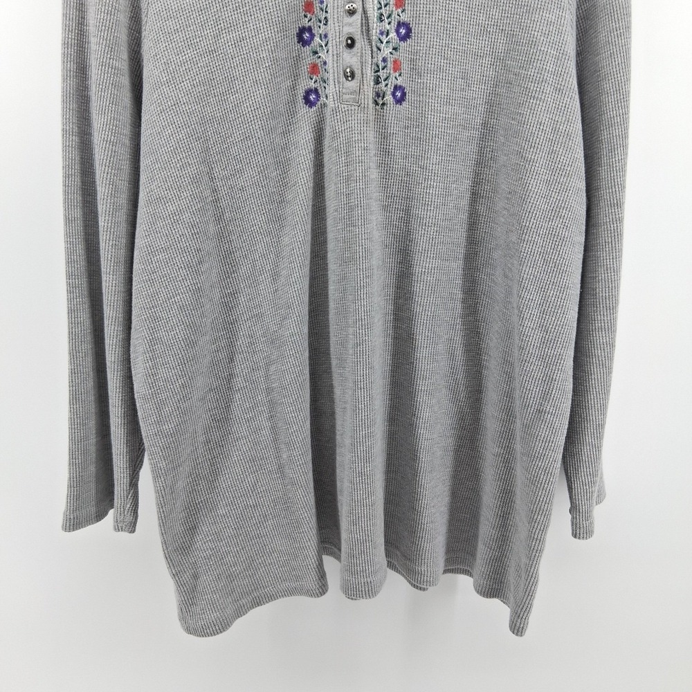 Woman Within Gray Floral Embroidered Thermal Knit Henley Tee Plus Sz 2X Cozy - Picture 3 of 11